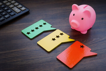 Piggy bank and plaques with reviews. Evaluation of banks.