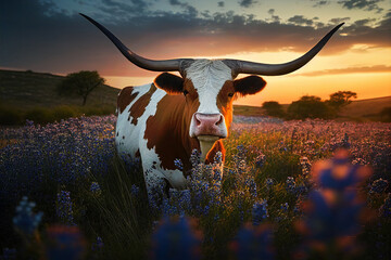 Texas Longhorn cow in a field of bluebonnets at sunset, texas iconic landscape - obrazy, fototapety, plakaty