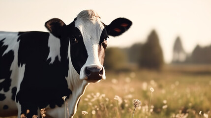 A black and white cow grazes in a meadow on a sunny day. AI generated