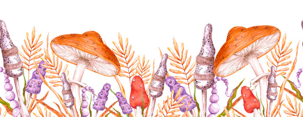 Naklejka premium Watercolor magical mushrooms composition seamless boarder. Isolated on white background. Scrapbook, textile, fabric.
