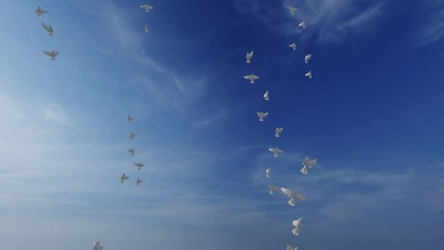 A flock of pigeons against a blue sky