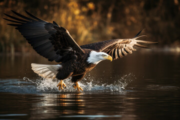 Fototapeta premium Bald Eagle Flying and Hunting Over Water, high quality generative ai