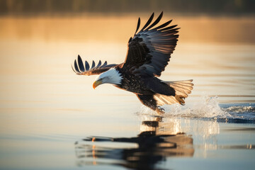 Obraz premium Bald Eagle Flying and Hunting Over Water, high quality generative ai