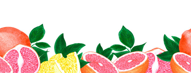 Hand drawn watercolor orange lemon grapefruit with green leaves seamless boarder on white background. Scrapbook, post card, textile, fabric.