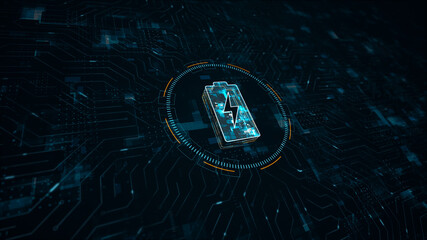 Motion graphic of Blue digital battery logo electrical power concept and futuristic technology circle HUD with circuit board and data transfer on abstract background perspective