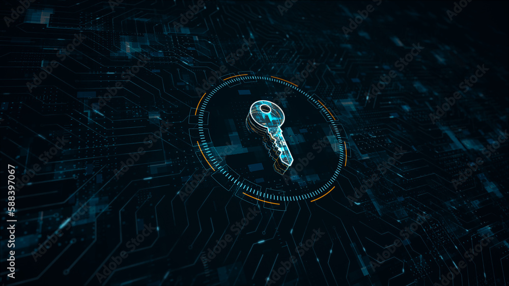 Poster motion graphic of blue digital key logo network security and authentication firewall system to acces