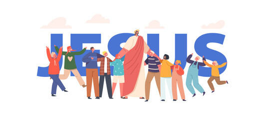 Jesus and Kids Spiritual Religious Poster, Biblical Character Surrounded By Smiling Children. Kids Friend, Love Of God