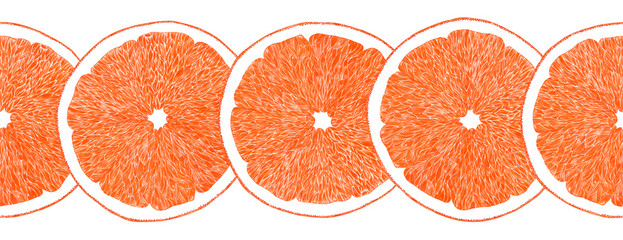 Hand drawn watercolor orange lemon grapefruit with green leaves seamless boarder on white background. Scrapbook, post card, textile, fabric.