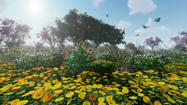 Garden with wildflowers on a bright day, butterflies swarming, 4K