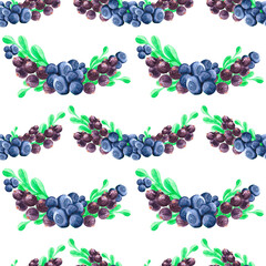 Hand drawn watercolor blueberry, strawberry, marshmallow and black currants seamless pattern on white background. Gift-wrapping, banner, textile, fabric, wallpaper.