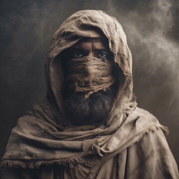 A dirty man wearing sackcloth and ashes. Generative AI