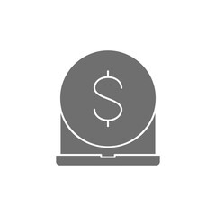 Laptop with coin, online payment grey fill icon. Finance, payment, invest finance symbol design.