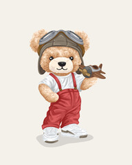 Fototapeta na wymiar Vector illustration of cute teddy bear with pilot helmet holding airplane toy