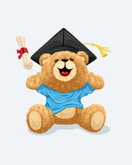 Vector illustration of cute teddy bear in graduation cap with diploma