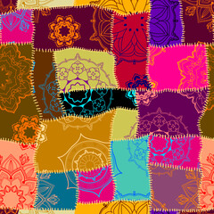 Textile patchwork pattern with Mandala ornament. Vector image