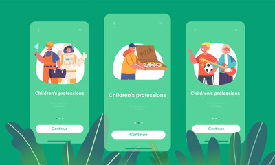 Children Professions Mobile App Page Onboard Screen Template. Kids Builder, Pizza Courier, Astronaut, Football Player