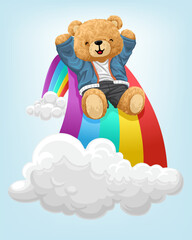 Vector illustration of cute teddy bear sliding on rainbow