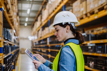 Warehouse female worker checking up stuff in a warehouse.
