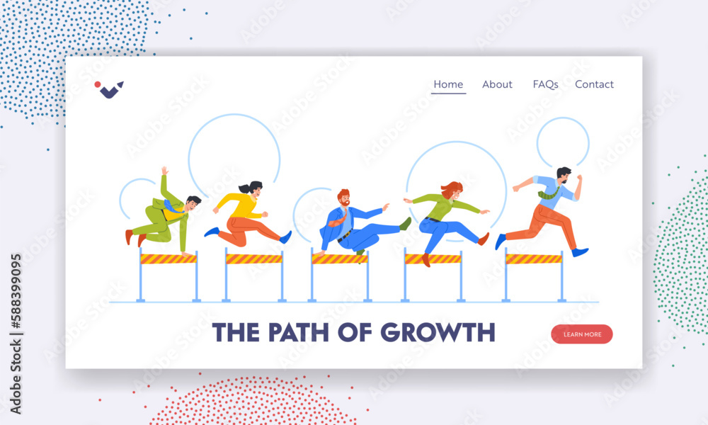 Poster the path of growth landing page template. business people running characters competing in race with 