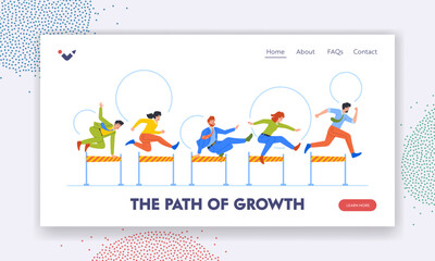 The Path of Growth Landing Page Template. Business People Running Characters Competing In Race With Obstacles