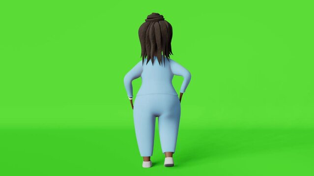 African American body positive woman 3D animation character racewalking 4K loop back view chromakey. Multiracial plus size diverse girl in sportswear walking cycle. Active lifestyle weight loss walk.