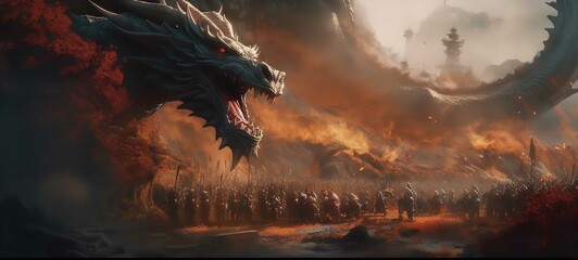 Chinese mythology theme dragon and army are fighting Generative AI - obrazy, fototapety, plakaty