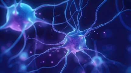 Conceptual illustration of neuron cells with glowing link knots. Blue green Neurons in brain on with focus effect. Synapse and Neuron cells sending electrical chemical signals. Generative ai	
