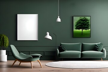 Mockup black poster frame in a living room interior on empty dark green wall background with a green tree. Generative Ai