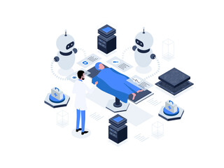 Nursing assistants supported by robotics technology, contributing to the efficiency and effectiveness of healthcare services. Artificial intelligence in healthcare isometric illustration.