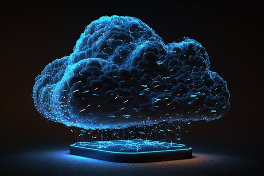 Hybrid Cloud Solutions. Cloud computing industry, cloud platform. Fog computing . Blue neon digital cloud. AI generative