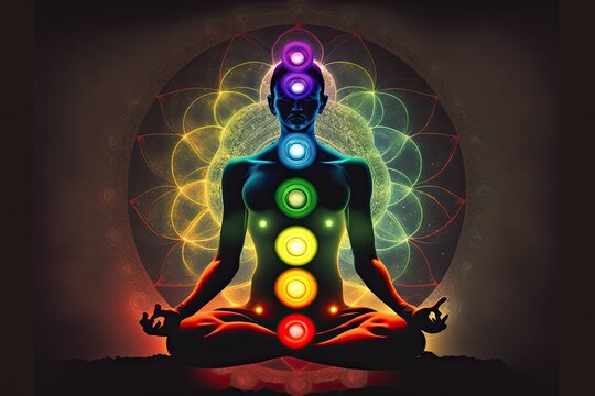 How to heal the Chakra with Reiki. Energy Healing Chakra Retreat. Silhouette of man with symbols of chakra. AI generative
