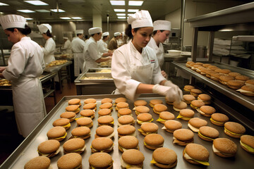 young woman preparing hamburgers in a fast food chain, bakery, hamburger restaurant, generative ai