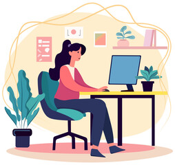 A depiction of the home office theme, with a woman engaged in remote work, pursuing academic tasks, or undertaking freelance projects. Charming flat style vector illustration