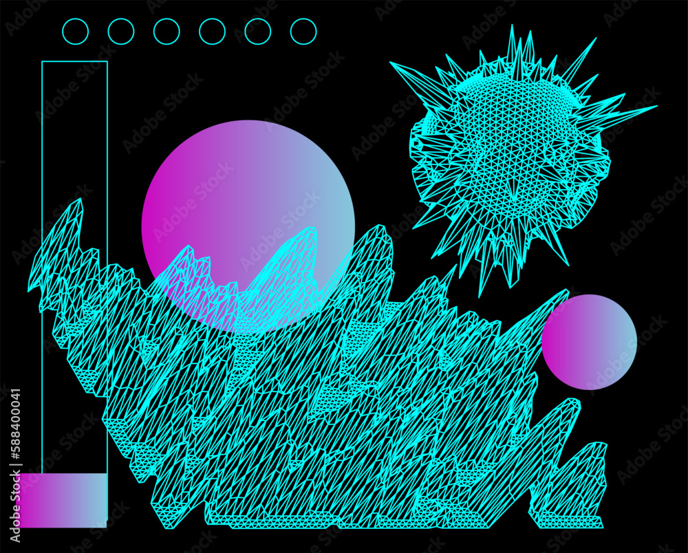 Fototapete sci-fi vaporwave 3d landscape made of a polygonal distorted grid. synthwave hi-tech style background