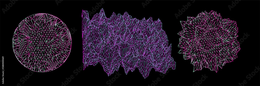 Aufkleber Set of 3D glitched planes made of mesh. Generative art plots for data visualization and analysis subjects. 