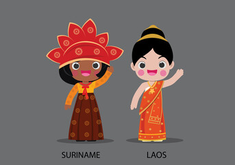 Suriname and Laos n national dress vector illustrationa