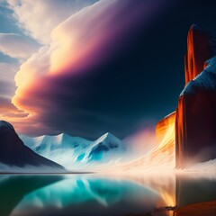 A stormy sunset over the glacier mountains
Created using generative AI.