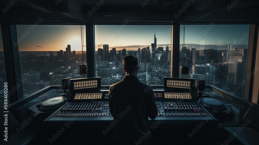 Poster a dj from behind working on his mixing board in a sleek and modern recording studio with a city skyl