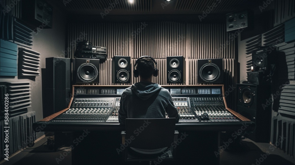 Poster a dj from behind working in a recording studio with soundproof walls, with large speakers and subwoo