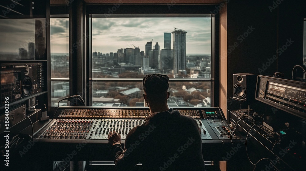 Poster a dj from behind working on his mixing board in a sleek and modern recording studio with a city skyl