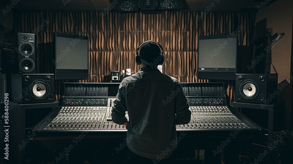 Poster a dj from behind working in a recording studio with soundproof walls, with large speakers and subwoo