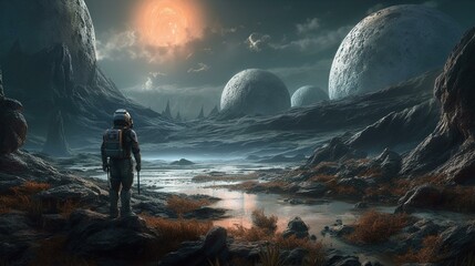 An astronaut standing on the surface of a distant exoplanet, with an alien landscape of strange plants and rock formations stretching out in every direction Generative AI