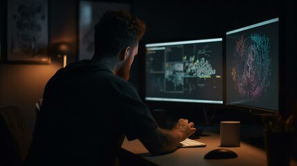A graphic designer from behind working on his computer with creative artwork and design displayed on the screen Generative AI