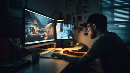 A graphic designer working on his computer with creative artwork and design displayed on the screen Generative AI