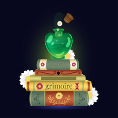 potion bottle standing on books