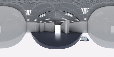 3d gallery room illustration spherical 360 vr degrees, white wall and blue floor,a seamless panorama of the room and interior design for business room  (3D rendering)