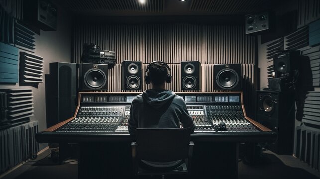 A DJ from behind working in a recording studio with soundproof walls, with large speakers and subwoofers in the background Generative AI