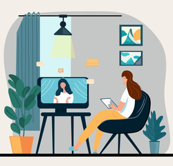 Embracing the work-from-home lifestyle. Employees collaborate via video calls, discussing projects and attending online briefings with coworkers in a webcam-based group conference. Flat style vector