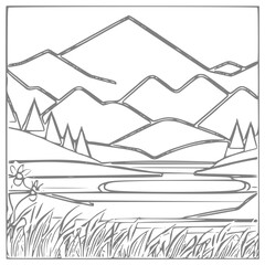 Nice Mountain, river and Sky landscape coloring Book. Vector illustration.