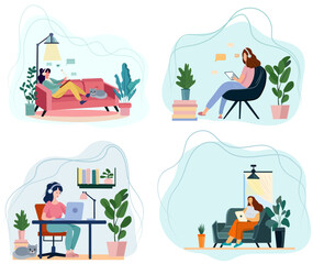 A depiction of the home office theme, with a woman engaged in remote work, pursuing academic tasks, or undertaking freelance projects. Charming flat style vector illustration